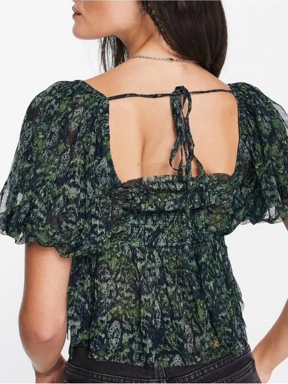 Free People Puff Sleeve Top in Dark Green Print